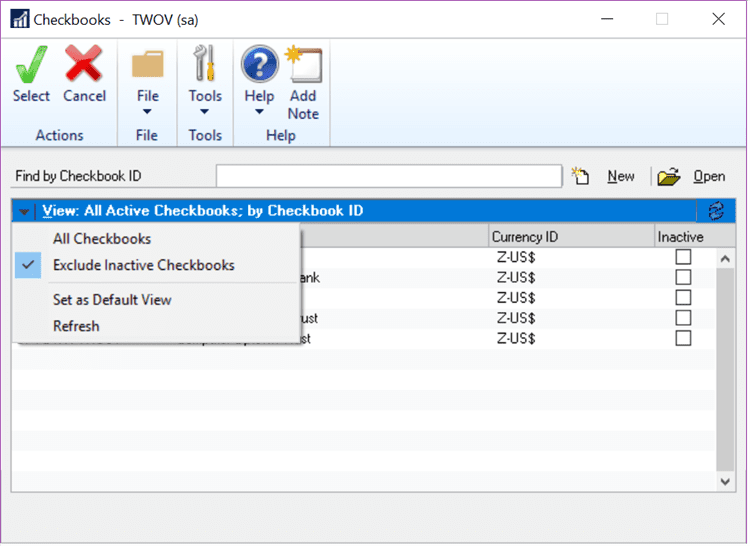 GP 2018 R2 Exclude Inactive Checkbooks
